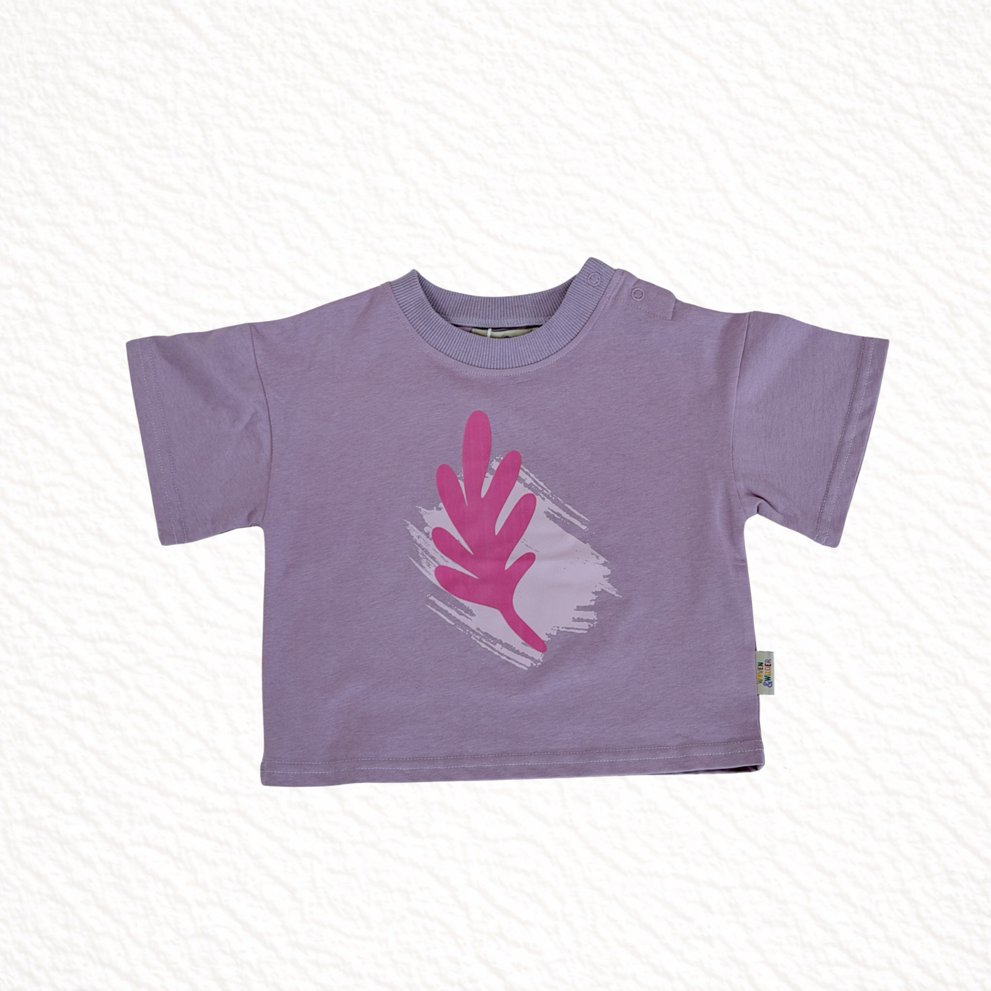 Purple t-shirt with pink graphic on a white background