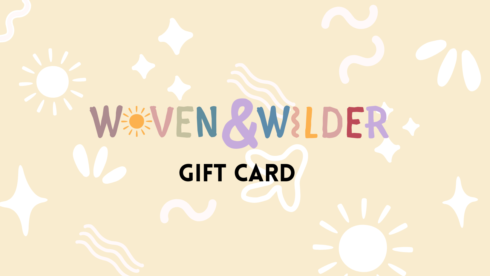 Gift card with 'Woven & Welder' branding on a beige background with decorative elements.