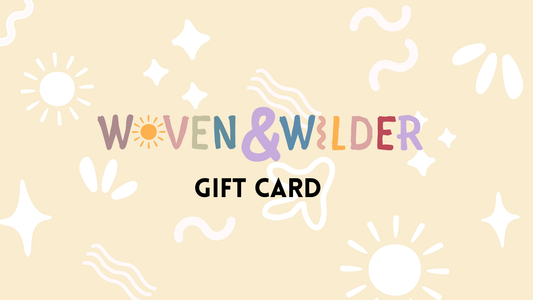 Gift card with 'Woven & Welder' branding on a beige background with decorative elements.